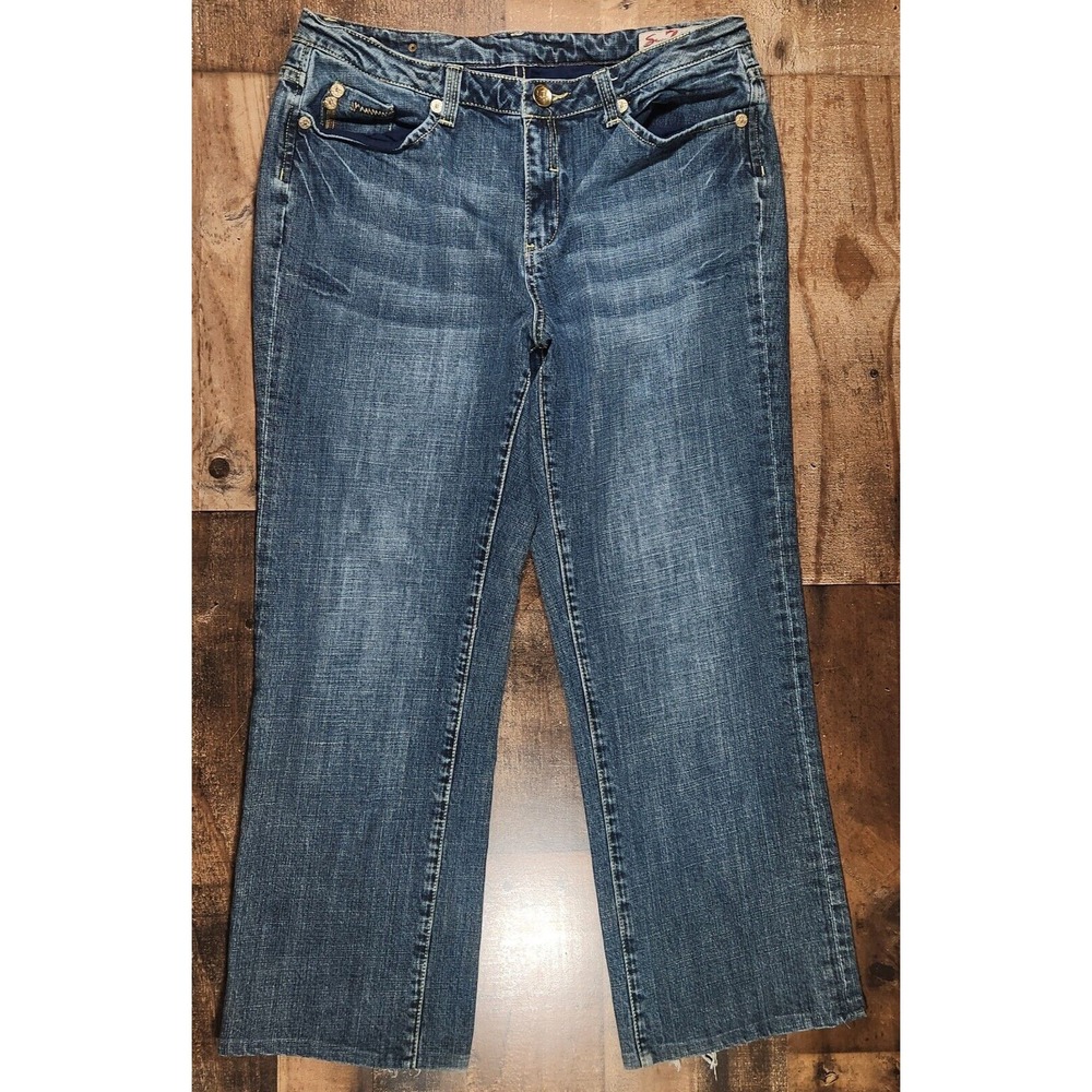 Seven7 Jeans Womens 18x29 Blue Straight Whiskers Worn Y2K Pocket Logo Stretch